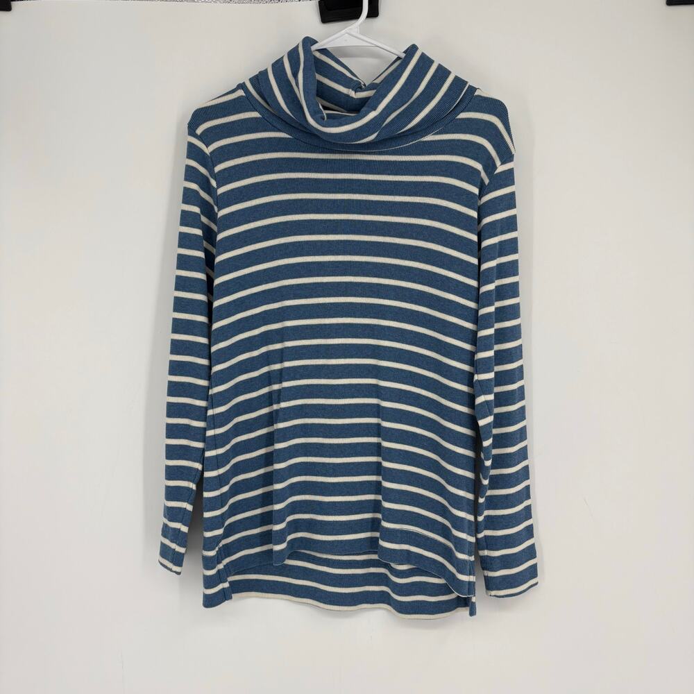 L.L. Bean Blue & White Stripe Cowl‎ Neck Pullover Sweater Size M 100% Cotton